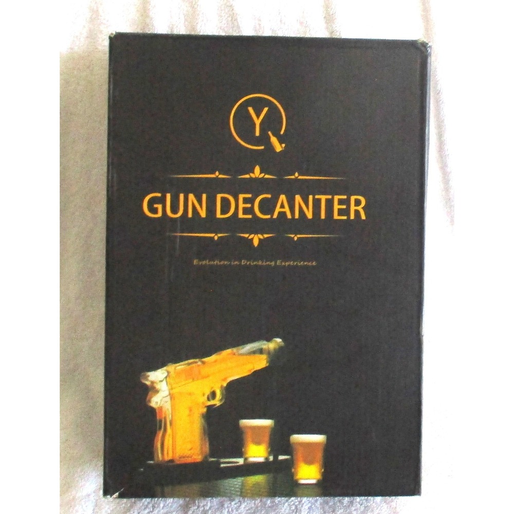 Gun Decanter Glass Pistol Whiskey Set with 2 Bullet Shot Glasses and Stand NEW